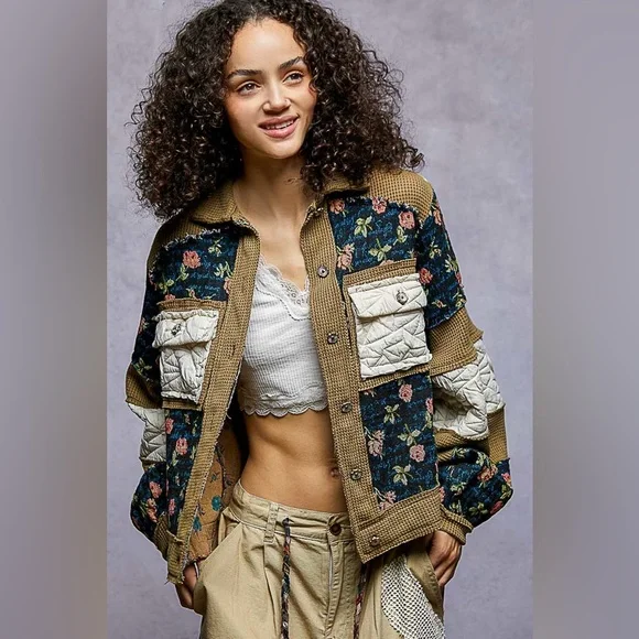 NEW POL Indigo Quilted Floral Patchwork Jacket Boho Shacket Oversized Size Small - Picture 1 of 3